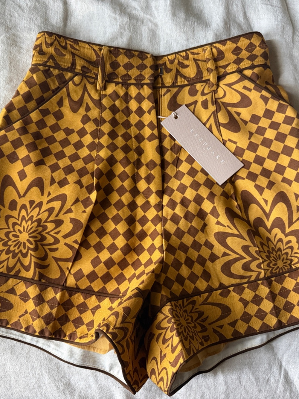 NWT- KEEPSAKE the Label Yellow & Brown High-Waist Floral Checkered Shorts Sz S/4